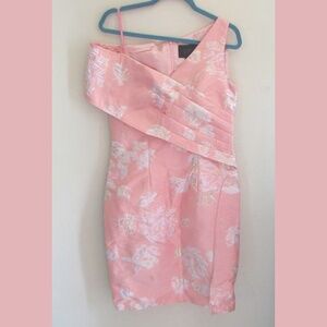 Cenia pink roses dress; off the shoulder; size 6; polyester, nylon, lurex